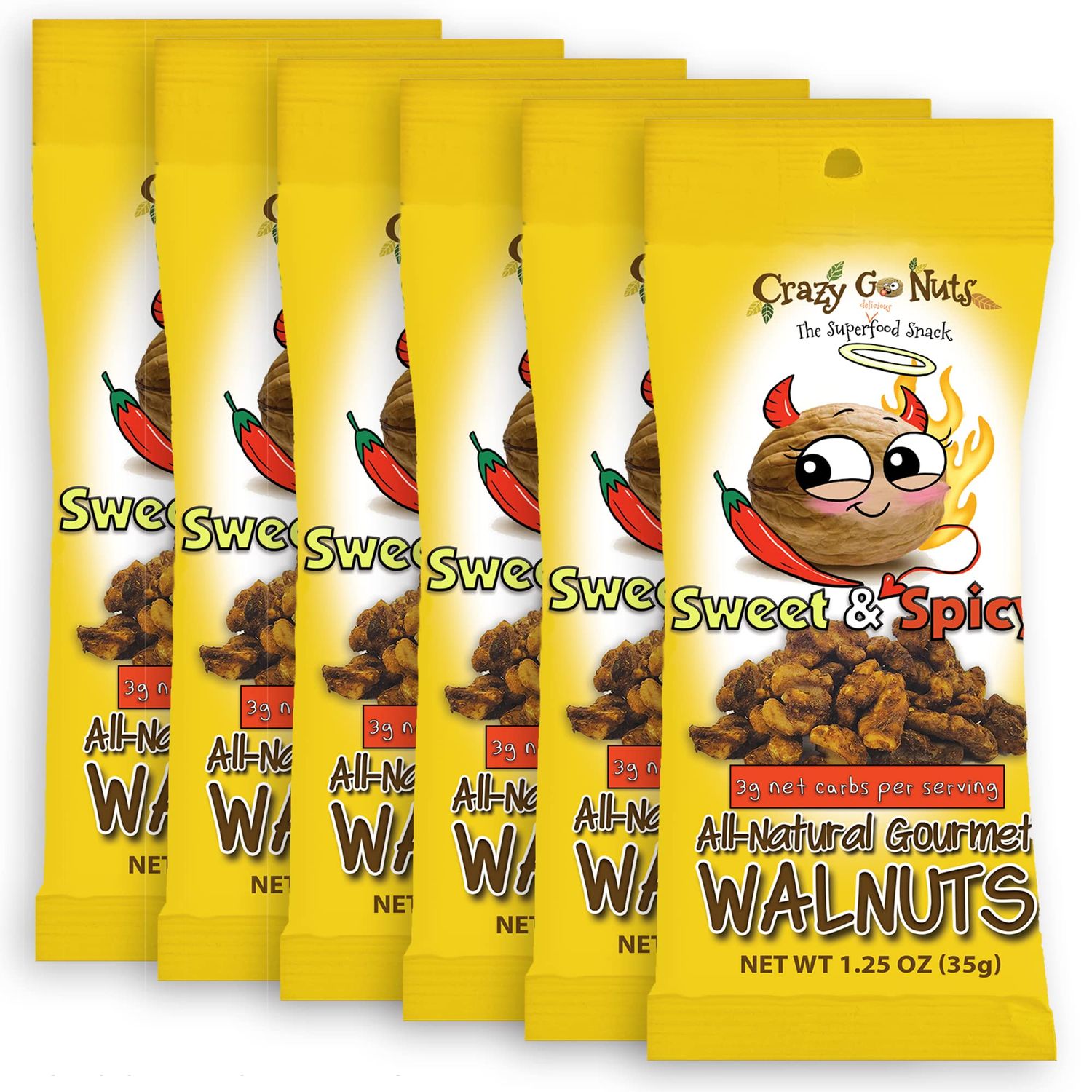 Crazy Go Nuts Walnuts - Sweet &amp; Spicy, 1.25 oz (6-Pack) - Healthy Snacks, Vegan, Gluten Free, Keto, Low Carb, Superfood - Natural, Non-GMO, ALA, Omega 3 Fatty Acids, Good Fats, and Antioxidants