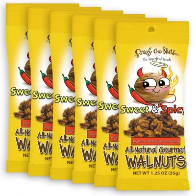 Crazy Go Nuts Walnuts - Sweet &amp; Spicy, 1.25 oz (6-Pack) - Healthy Snacks, Vegan, Gluten Free, Keto, Low Carb, Superfood - Natural, Non-GMO, ALA, Omega 3 Fatty Acids, Good Fats, and Antioxidants
