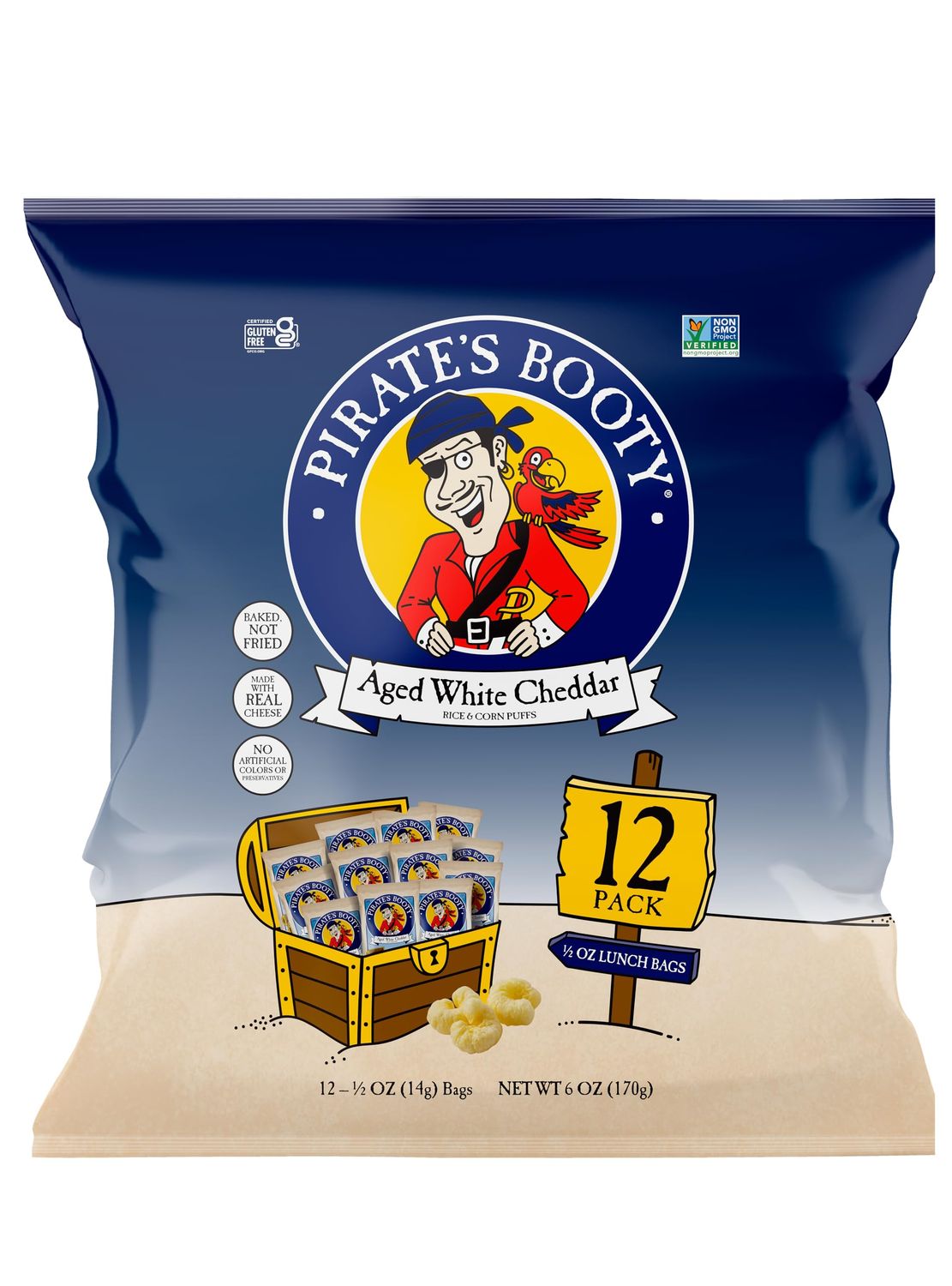 Pirate&#39;s Booty Aged White Cheddar Cheese Puffs, Gluten Free, Healthy Kids Snacks, 0.5oz Individual Size Snack Bags (12 Count)