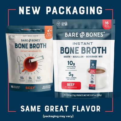 Bare Bones Beef Bone Broth Instant Powdered Mix | Rich Savory Packets on-the-Go No Artificial Flavors | 100% Grass Fed Keto &amp; Paleo Friendly | 10g Protein | 16 Pack