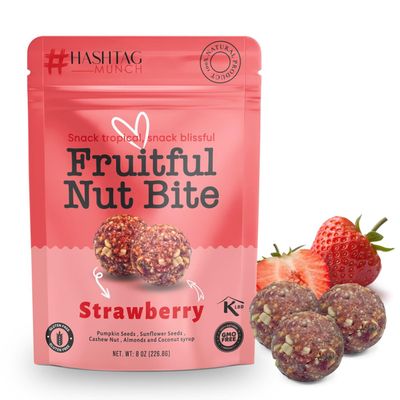 Fruitful Bites Real 100% Wild Strawberry Fruit &amp; Nut Balls 8-Oz Bag Plant Based Premium Healthy Natural Tropical Exotic Snack Naturally Sweetened Gluten Free Non GMO Resealable Pouch (1-Pack)