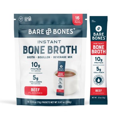 Bare Bones Beef Bone Broth Instant Powdered Mix | Rich Savory Packets on-the-Go No Artificial Flavors | 100% Grass Fed Keto &amp; Paleo Friendly | 10g Protein | 16 Pack
