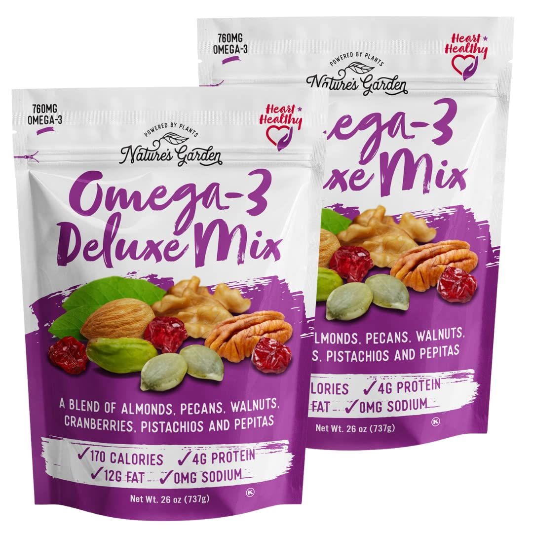 Nature&#39;s Garden Omega-3 Deluxe Mix - Power Up Omega Deluxe Trail Mix, Heart Healthy, Gluten Free, Antioxidant Rich, Cholesterol Free, Sodium Free, No Artificial Ingredients - 26 Oz Bag (Pack of 2)