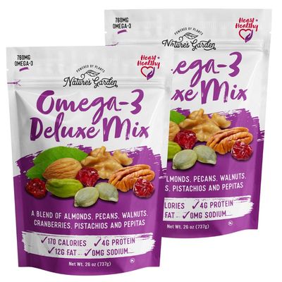 Nature&#39;s Garden Omega-3 Deluxe Mix - Power Up Omega Deluxe Trail Mix, Heart Healthy, Gluten Free, Antioxidant Rich, Cholesterol Free, Sodium Free, No Artificial Ingredients - 26 Oz Bag (Pack of 2)