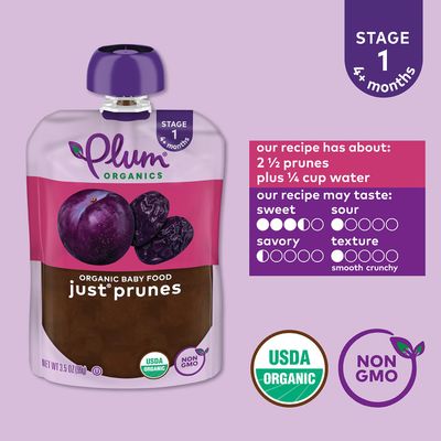 Plum Organics Stage 1 Organic Baby Food - Just Prunes - 3.5 oz Pouch (Pack of 4) - Organic Baby Food Pouch