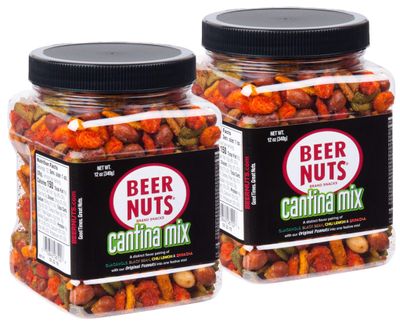 BEER NUTS Cantina Mix with Twang - Twang Seasoned Peanuts, Chili Lime Insane Grain, Guacamole &amp; Habanero Sticks - 12oz Resealable Jar (Pack of 2)
