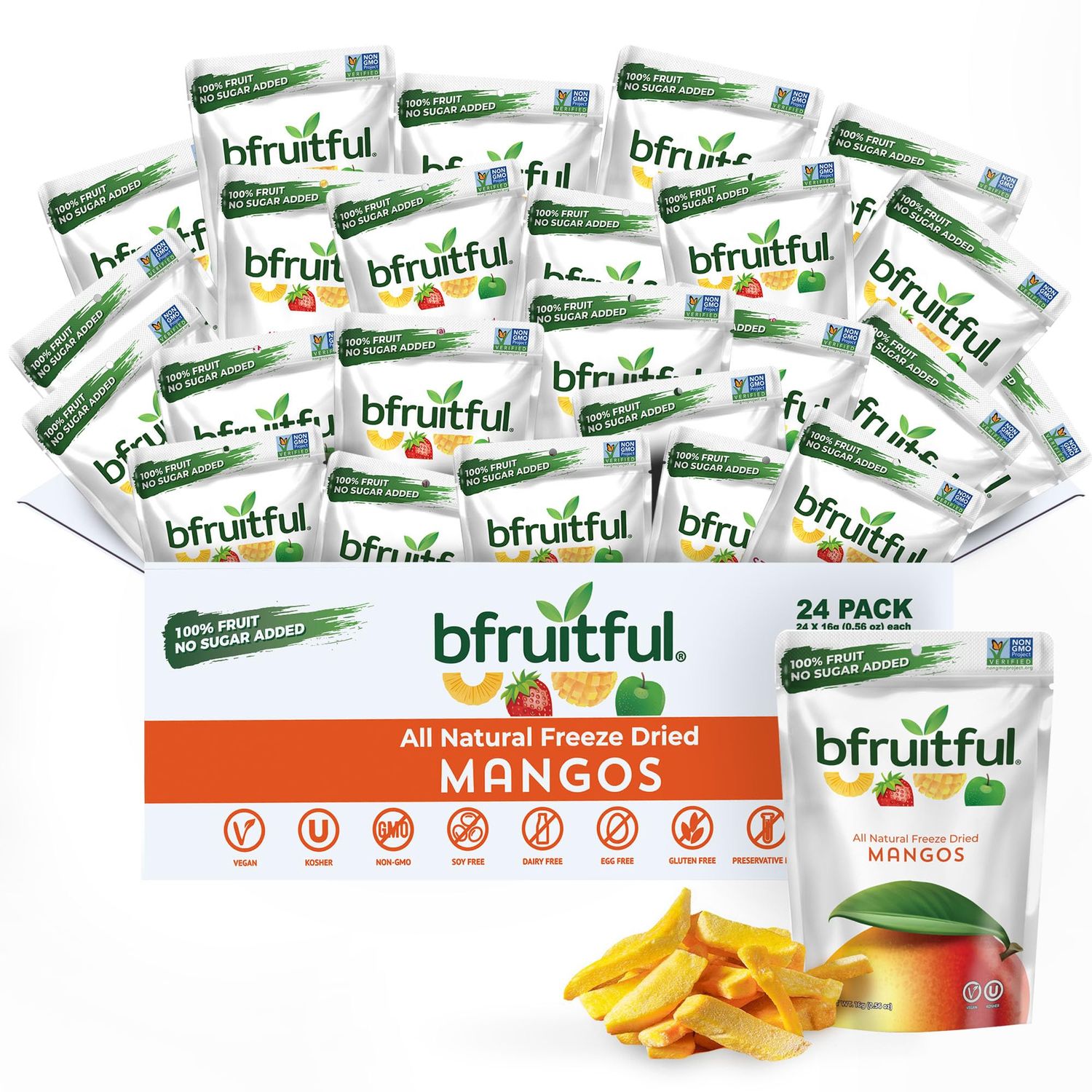 bfruitful Freeze-Dried Mango, Freeze Dried Fresh Fruit Bites, Gluten Free, Vegan, Dairy Free, Kosher, No Sugar Added, Non GMO, Healthy Snacks for Kids or Adults, Single-Serve Snack Packets, 24 Pack