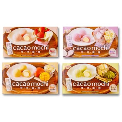 Japanese Daifuku Mochi Variety Pack, Cacao Rice Cakes with filling Cocoa Cream Covered Mochi with Strawberry, Mango, Taro, and Matcha Flavors, Pack of 4