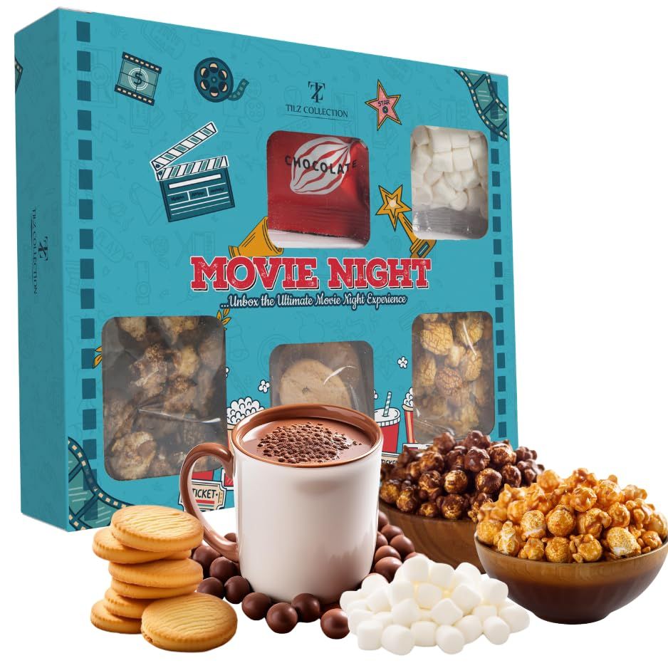 Movie Night Hamper Snack Box, Movie Night Snacks, kids sweets Sweets Gift Box With Chocolates, Hot Chocolate, Mini Marshmallows, Chocolate &amp; Caramel Popcorn, Butter Biscuits, Gifts For Her |Women |Him