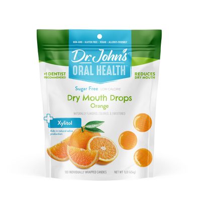 Dr. Johns Oral Health Sugar Free Candy, Healthy Dry Mouth Drops with Zero Sugar, Low Calorie Snacks, Keto Friendly Hard Candy Sweets, Orange, 100 Count, 1 LB