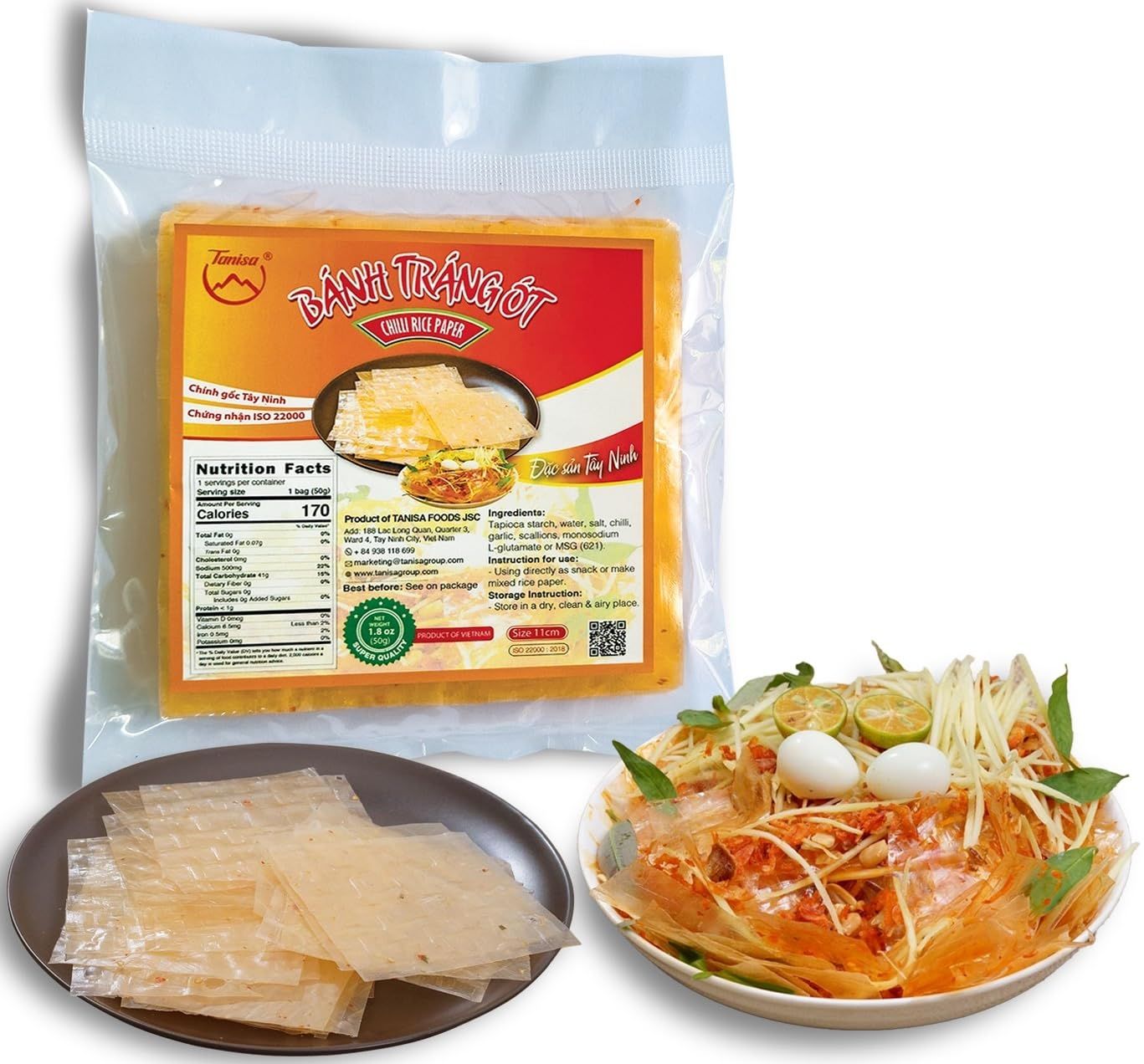 TANISA Chilli Rice Paper - Vietnamese Dried Spicy Rice Paper Snacks (11cm, Square, 1.8 oz) - Banh Trang Ot, Dried Chili, Gluten - Free, Snack Size, Non GMO, Vegan