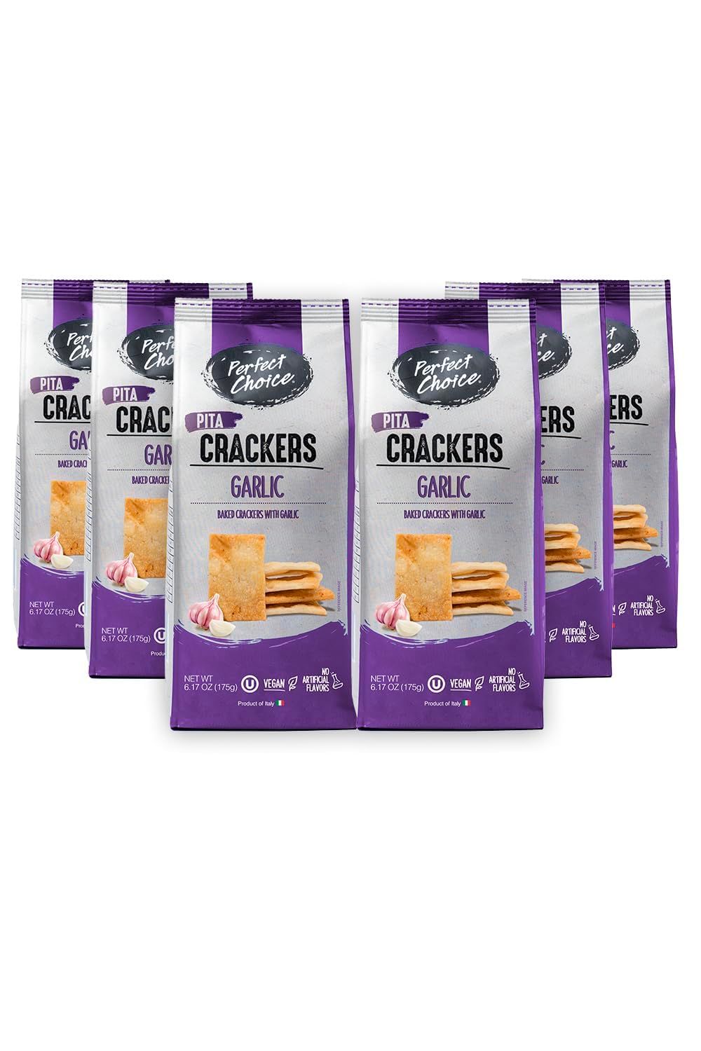 Perfect Choice Pita Crackers (Garlic) - Oven Baked and Crunchy Garlic Snack - Perfect for Dipping in Sauces or Pairing with Bruschettas - 6.17 oz (Pack of 6)