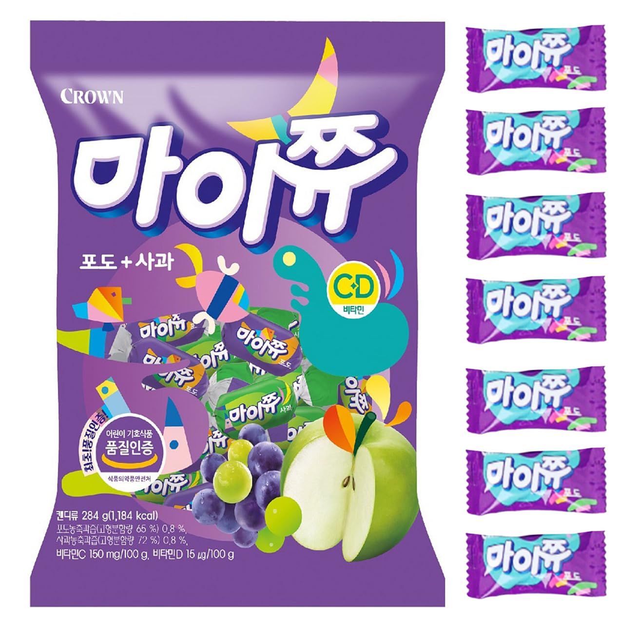 LENITH K-Food Crown Chewy Fruit Snack Gummy Variety Pack Fruit Gummy Candy 284g Grape and Apple (Pack of 1)