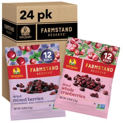 Sun-Maid Farmstand Reserve 24 Count Variety Pack - 0.8 oz Snack Bag - (12) Whole Dried Cranberries and (12) Dried Mixed Berries (Amazon Exclusive)
