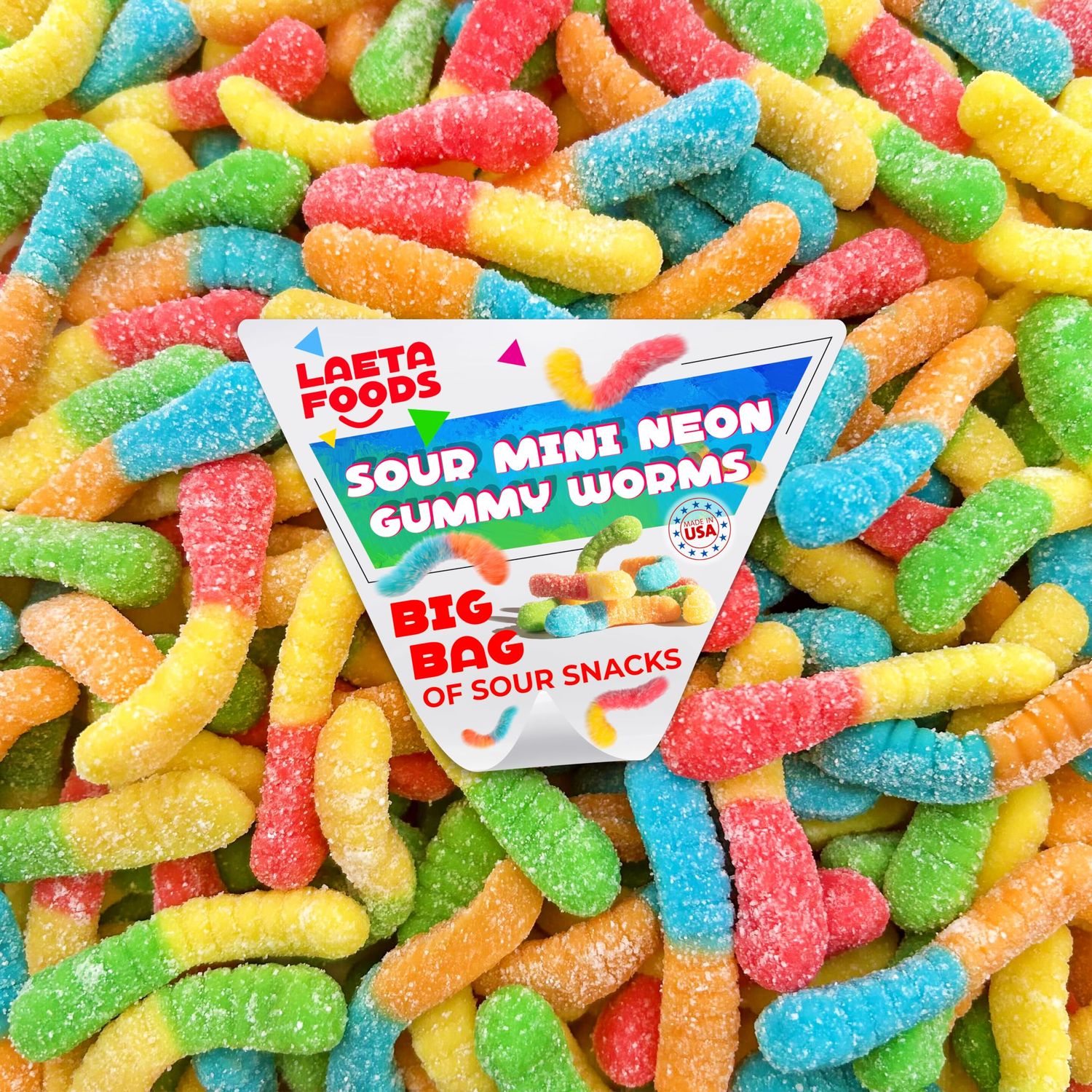 Sour Neon Gummy Worms Candy, Assorted Fruit Flavors (1 Pound Bag)