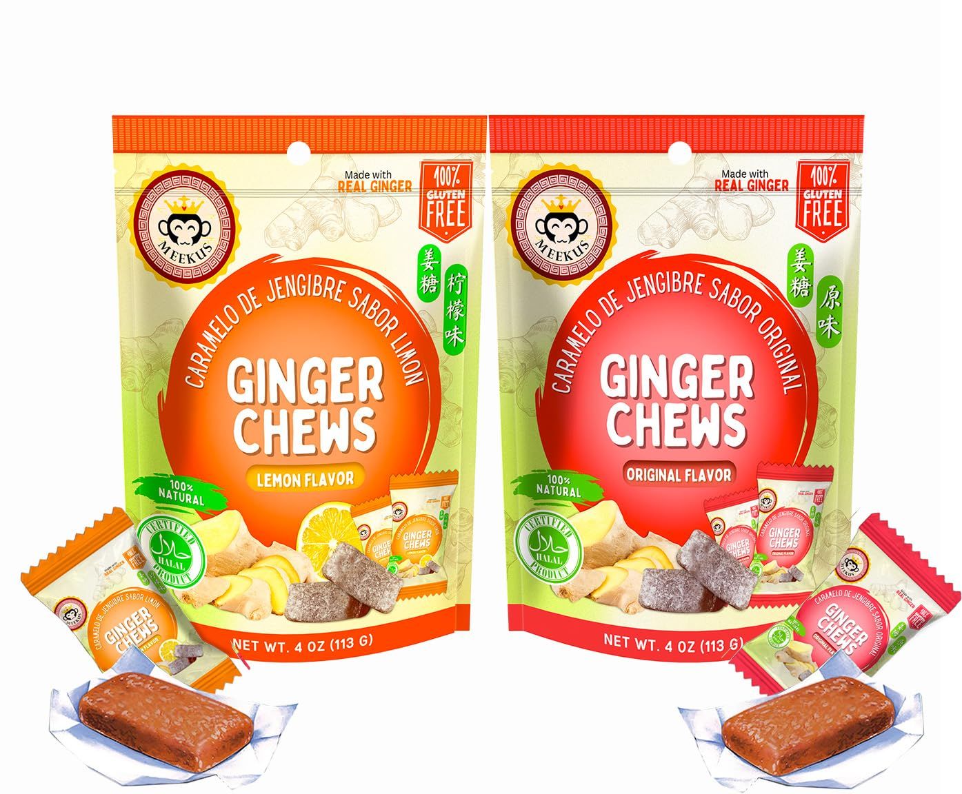 Meekus Ginger Chews - Natural Ginger Candy Chews for a Delightful Taste Sensation, Real Natural Ginger, No Artificial Flavors - Invigorating Snack for All Ages, Lemon&amp;Original 4oz Bag (2 Pack)