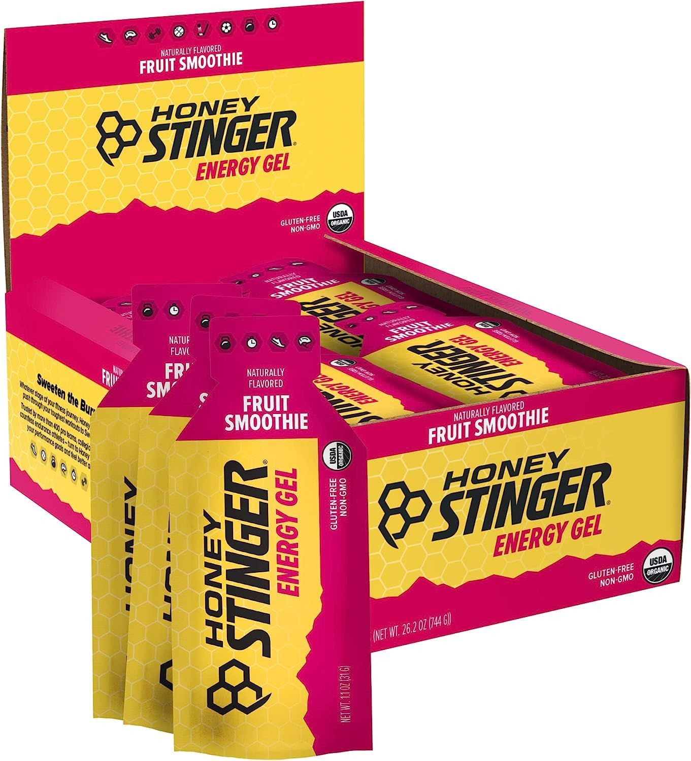 Honey Stinger Organic Fruit Smoothie Energy Gel | Gluten Free &amp; Caffeine Free | For Exercise, Running and Performance | Sports Nutrition for Home &amp; Gym, Pre and Mid Workout | 24 Pack, 26.4 Ounce