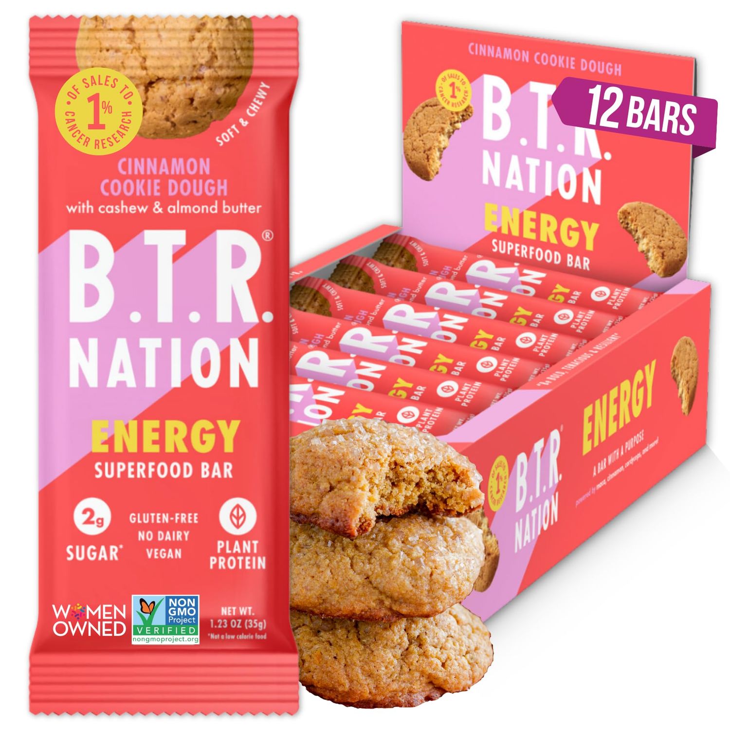 B.T.R. Bar Superfood Keto Protein Bars, Plant Based Vegan Protein, Low Carb, Low Calorie, Gluten Free, No Sugar Alcohols, Boosted with Superfoods - (12 Pack) (Cinnamon Cookie Dough ENERGY)