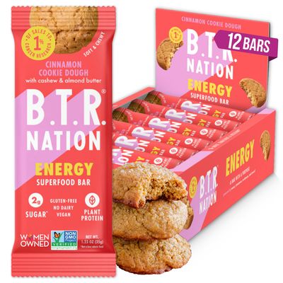 B.T.R. Bar Superfood Keto Protein Bars, Plant Based Vegan Protein, Low Carb, Low Calorie, Gluten Free, No Sugar Alcohols, Boosted with Superfoods - (12 Pack) (Cinnamon Cookie Dough ENERGY)