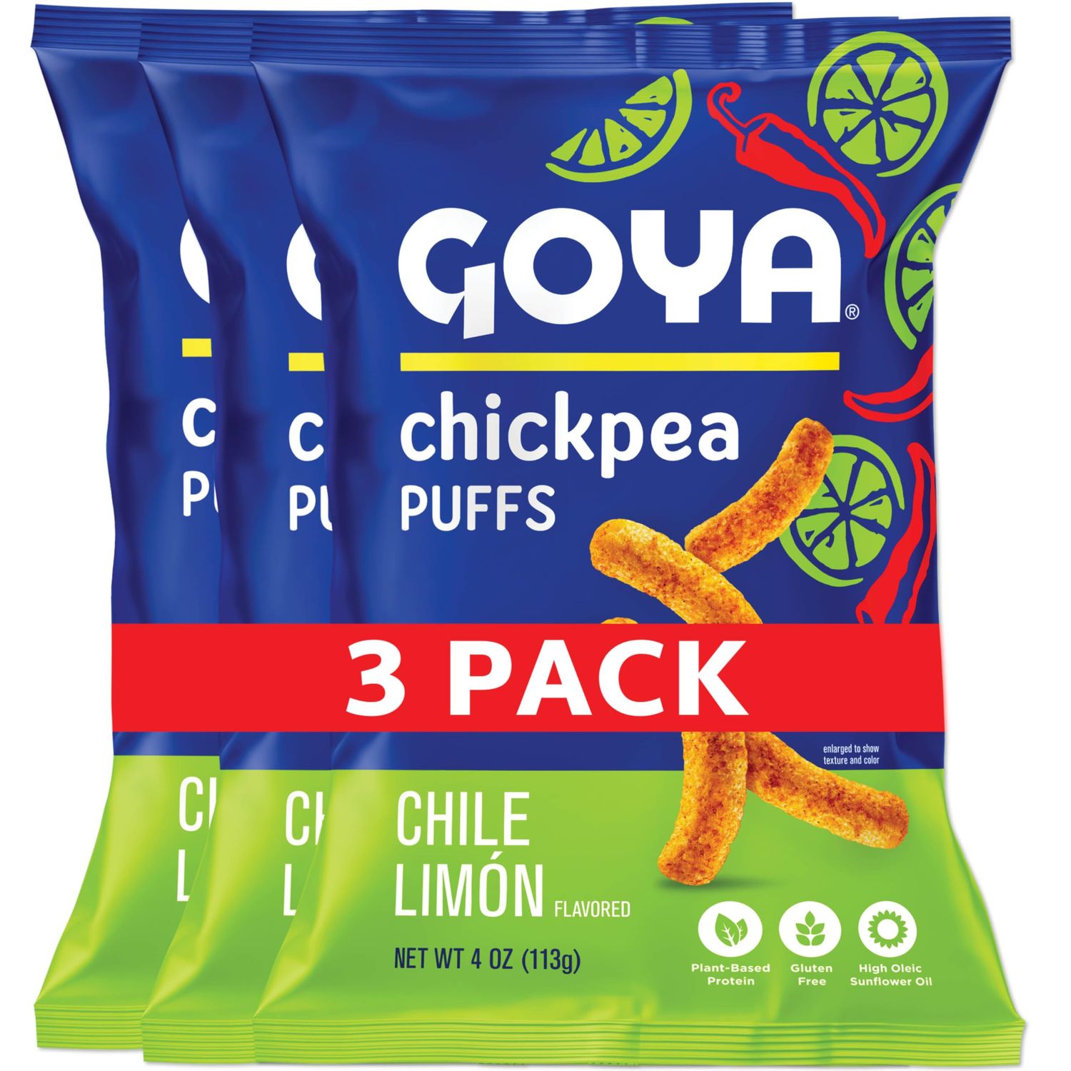 Goya Chickpea Puffs, Chile Limn  3-Pack, 4oz Bags  Crunchy, High-Protein Snacks  Gluten-Free, Vegan, Plant-Based  Zesty Flavor with a Hint of Spice