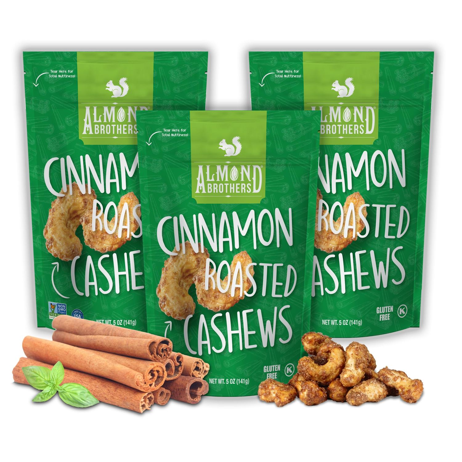 Almond Brothers Roasted Cashews - Hand Crafted Cinnamon Glazed Roasted Cashews, Gluten-Free, Non-GMO, Candied Cashews (5oz, 3 Pack)