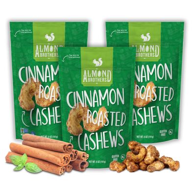 Almond Brothers Roasted Cashews - Hand Crafted Cinnamon Glazed Roasted Cashews, Gluten-Free, Non-GMO, Candied Cashews (5oz, 3 Pack)