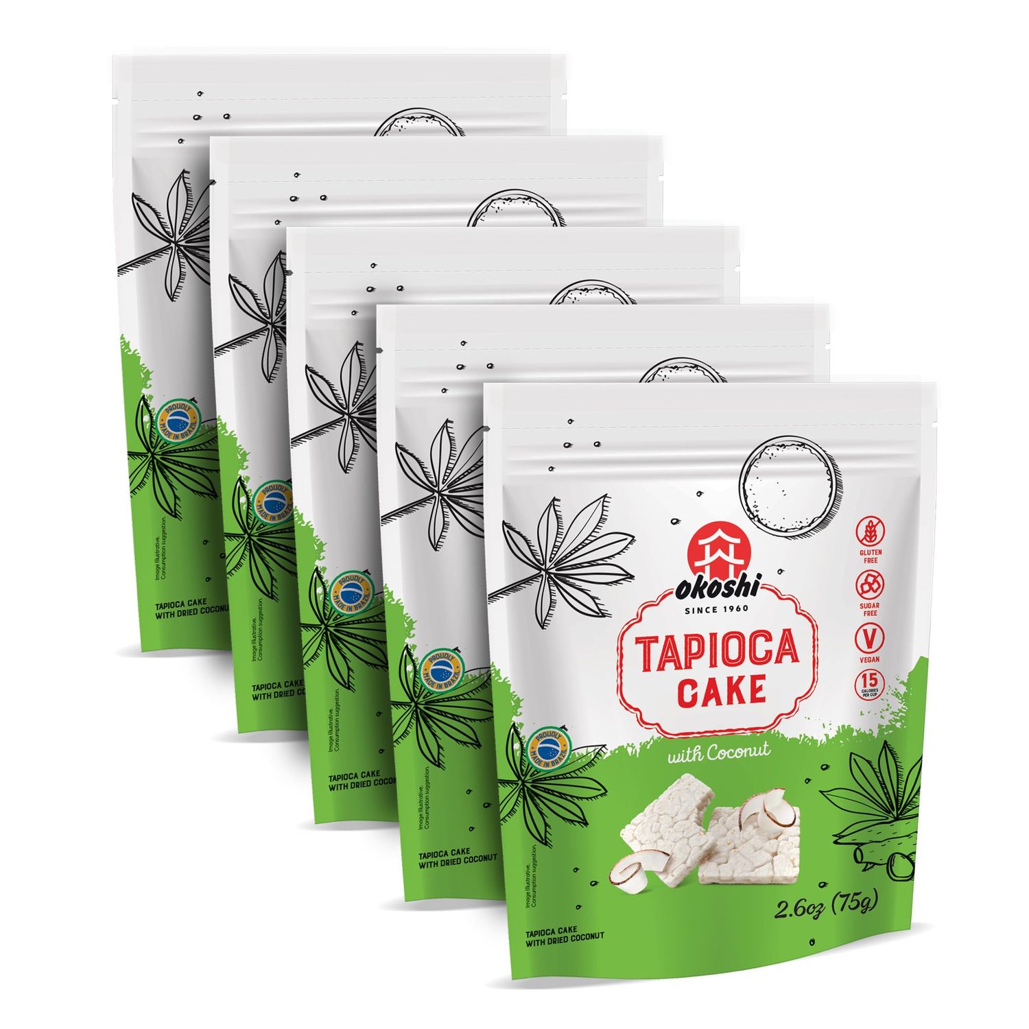 OKOSHI - Pack of 5 Low Carb Tapioca Toasts - Japanese Snacks, Healthy Snacks for Dieting - Only 2 Ingredients, Vegan, Kosher, Non-GMO - Tapioca &amp; Coconut - 5 x 2.64oz