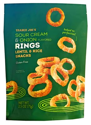 Trader Joes Sour Cream &amp; Onion Flavored Rings, Lentil &amp; Rice Snacks, Gluten Free, 2.5 ounces (71 grams)