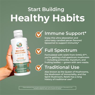 MaryRuth's Reishi Vegan Mushroom Supplement | Ultra Absorption Reishi Supplement Liposomal | Immune Support with 200mg Beta-Glucans, Vegan |Full Spectrum Reishi Mushrooms Fruiting Body | 7.6 oz,
