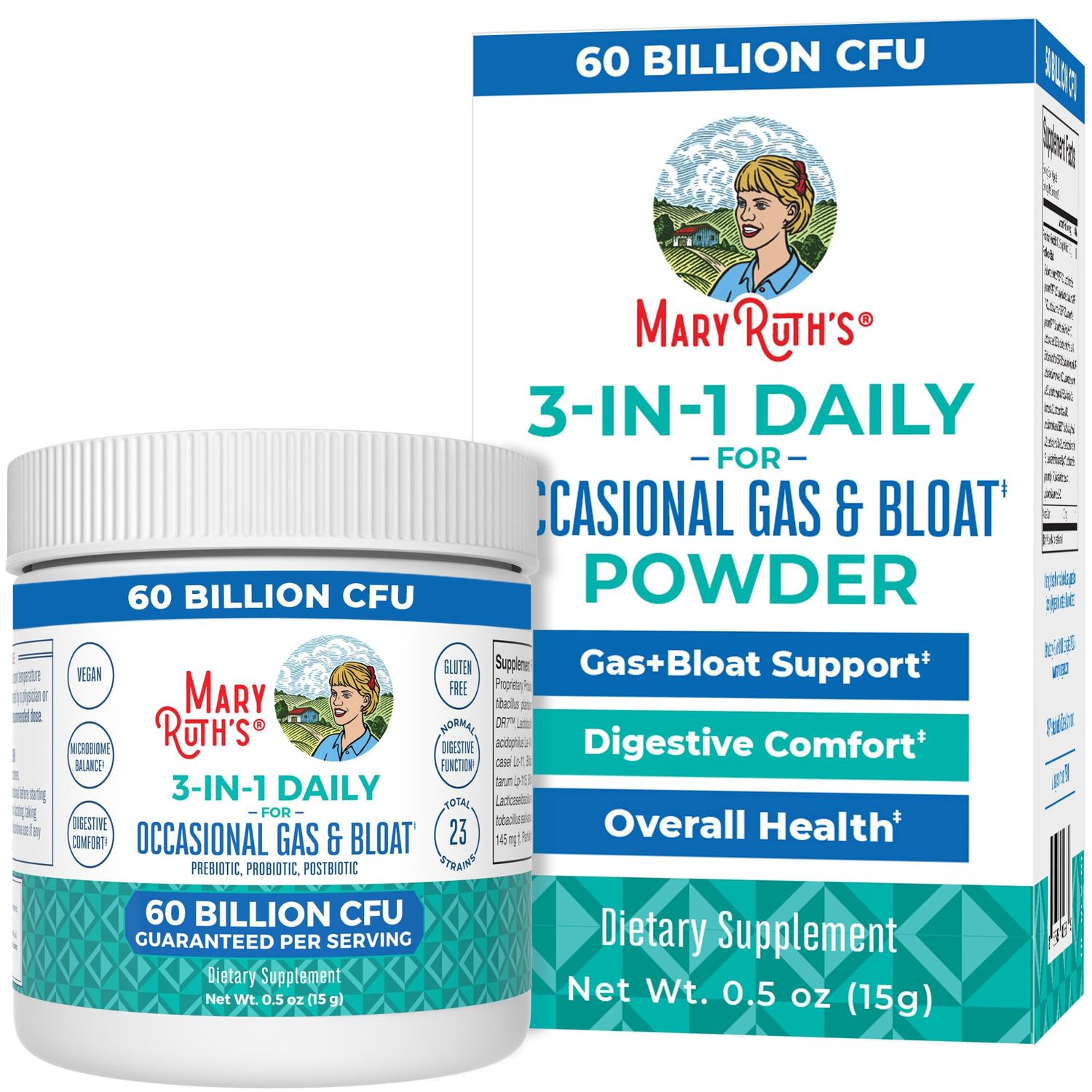 MaryRuth Organics 3-in-1 Gas &amp; Bloat Probiotics | Probiotics for Normal Digestive Function | Probiotics for Women &amp; Men | Prebiotics &amp; Postbiotics | 60 Billion CFU | Shelf Stable | 0.5 oz