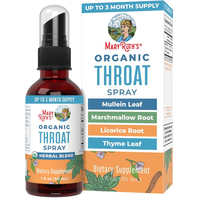 MaryRuth Organics USDA Organic Throat Spray with Mullein Leaf | Marshmallow Root &amp; Licorice Root &amp; Thyme Leaf | 4 Herbal Blend | Non-GMO | Vegan | Gluten Free | 1 Fl Oz | Up to 100 Servings