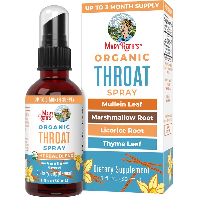 MaryRuth Organics USDA Organic Throat Spray with Mullein Leaf | Marshmallow Root &amp; Licorice Root &amp; Thyme Leaf | Vanilla | 4 Herbal Blend | Non-GMO | Vegan | Gluten Free | 1 Fl Oz | Up to 100 Servings