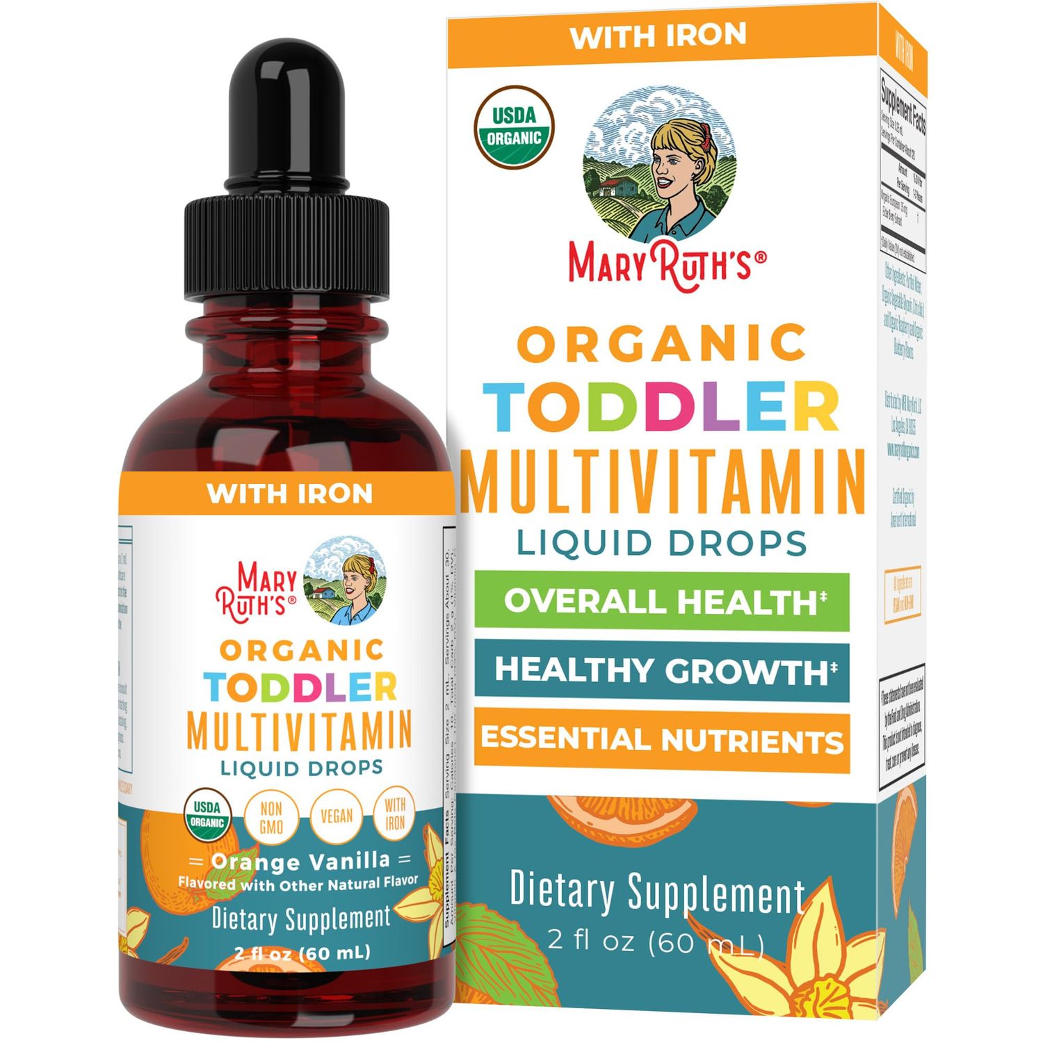 MaryRuth Organics Multivitamin &amp; Multimineral with Iron for Toddlers | USDA Organic | Sugar Free | Multivitamin Liquid Drops for Kids Ages 1-3 | Immune Support | Vegan | Non-GMO | 2 Fl Oz