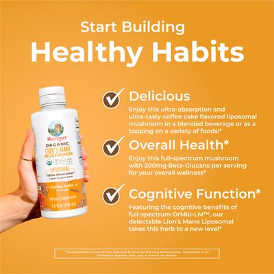 Organic Lions Mane Supplement by MaryRuth's | Ultra Absorption Liposomal | Full Spectrum Lion's Mane Mushroom | 200mg Beta-Glucans Per Serving | USDA Organic | Vegan | 7.6 oz | 15 Servings