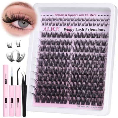 ALICE Lash Clusters Kit Wispy Lash Extensions Kit 6-18mm Fluffy Volume Cluster Eyelash Extension Kit CD Curl Individual Lashes Kit with Bottom Lashes Bond and Seal Waterproof