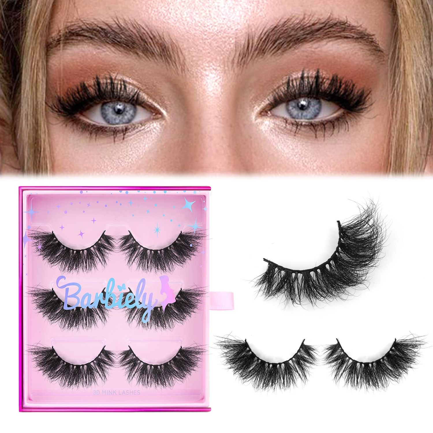 Barbiely 20MM Mink Eyelashes, 3 Pairs 3D Mink Lashes, False Eyelashes Natural Look, Super Fluffy Full Strip Lashes Caat-Eye Mink Lashes, 100% Handmade &amp; Cruelty-Free Fluffy Volume Wispy Lashes(VIP)
