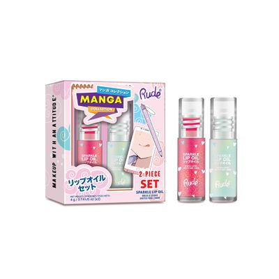 RUDE Cosmetics Manga Collection Sparkle Lip Oil Set, Cute Lip Gloss for Women &amp; Girls, Hydrating &amp; Moisturizing Lipgloss for Smooth, Nourished Lips, Long Lasting Glossy, Watermelon &amp; Mint