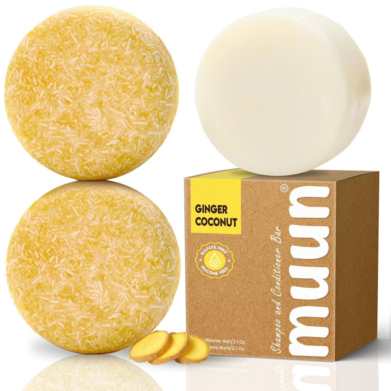Muun Ginger Shampoo and Conditioner Bar Pack 3 - Hair Growth &amp; Regrowth, Anti Hair Loss, Strengthen &amp; Volumize, pH Balanced - Sulfate &amp; Silicone Free For All Hair Type - Solid Soap for Travel