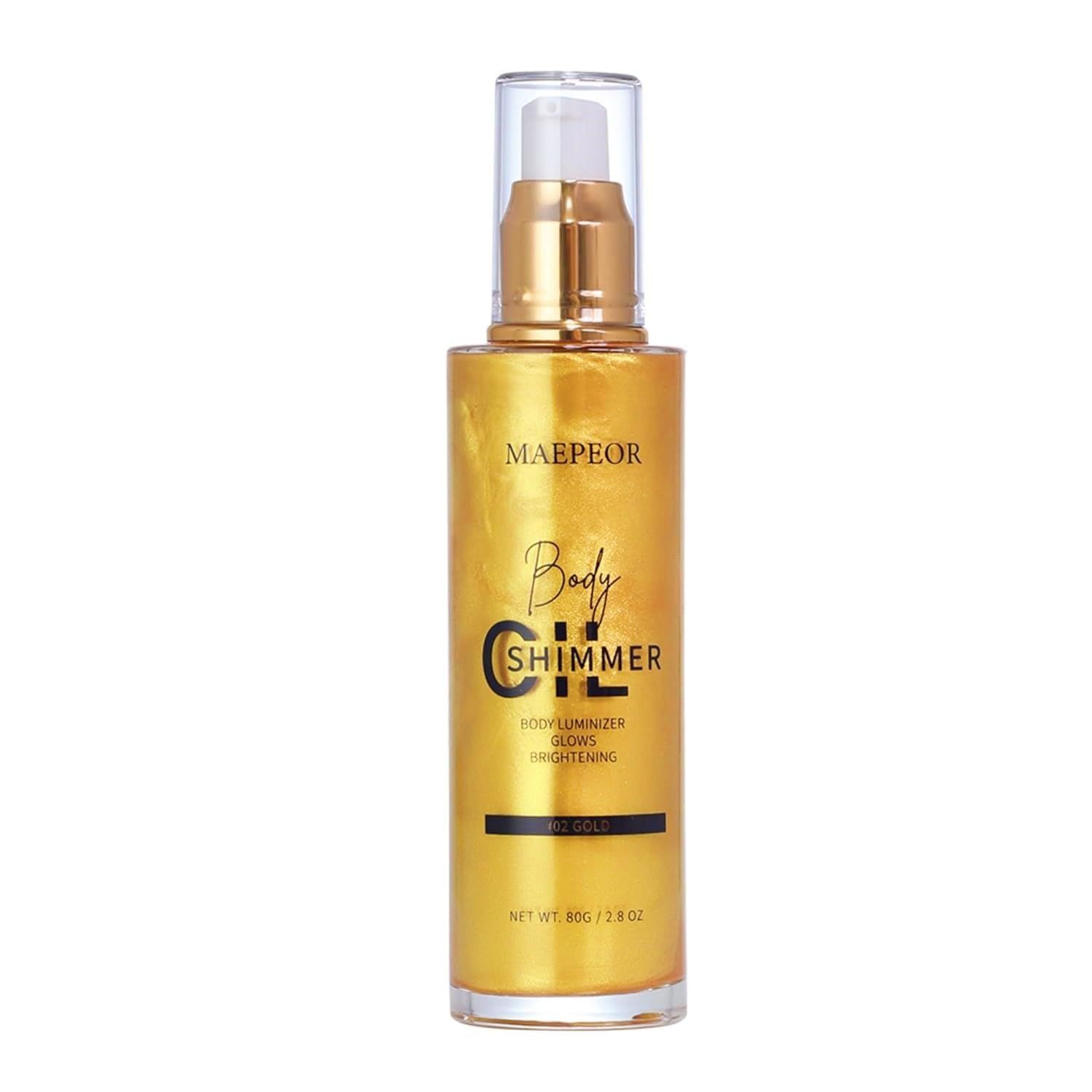 MAEPEOR Shimmer Body Luminizer 5 Colors Moisturizing Glow Illuminator Smooth and Non-sticky Summer Body Highlighter For Face &amp; Body (80ML, 02 Gold)