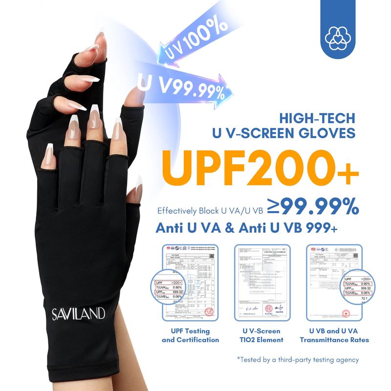 SAVILAND UV Gloves for Nails Professional UPF200 UV Gloves for Gel Manicures Anti UVA &amp; UVB 999 Gloves for Gel Nail Lamp Fingerless UV Light Gloves for Gel Nails Prevent Hands from UV Harm (Black)