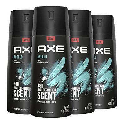 AXE Apollo Body Spray Deodorant for Long-Lasting Odor Protection, Sage &amp; Cedarwood Deodorant for Men Formulated Without Aluminum 4 Ounce (Pack of 4)