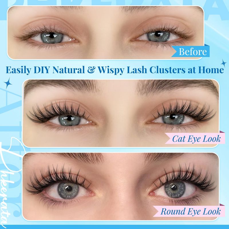 PHKERATA Natural Lash Extension Kit Wispy Lash Clusters Kit Lashes Clusters C Curl Cluster Eyelash Extension DIY Cluster Lashes with Lash Bond Seal Lash Glue Remover Lash Tweezers Individual Lashes