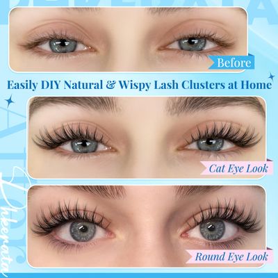PHKERATA Natural Lash Extension Kit Wispy Lash Clusters Kit Lashes Clusters C Curl Cluster Eyelash Extension DIY Cluster Lashes with Lash Bond Seal Lash Glue Remover Lash Tweezers Individual Lashes