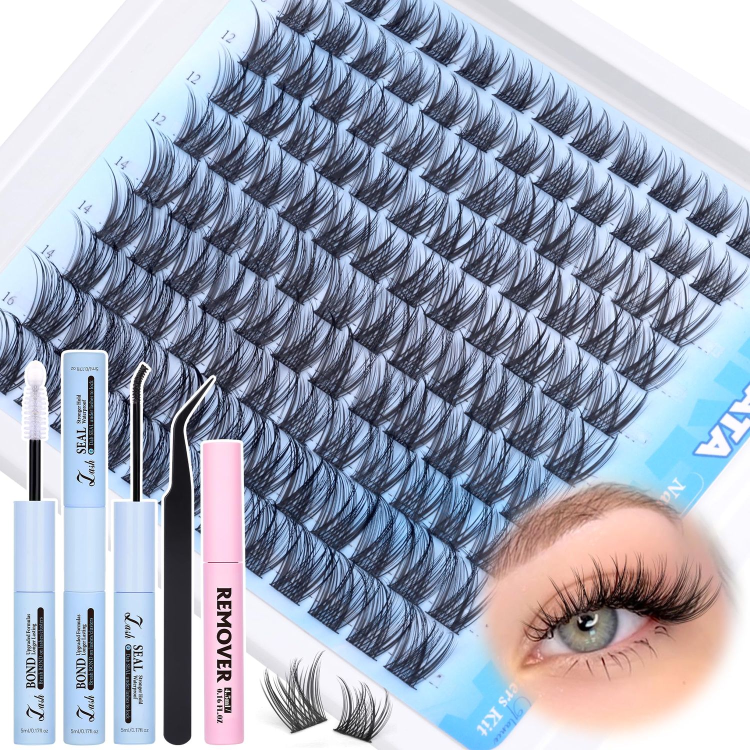 PHKERATA Natural Lash Extension Kit Wispy Lash Clusters Kit Lashes Clusters C Curl Cluster Eyelash Extension DIY Cluster Lashes with Lash Bond Seal Lash Glue Remover Lash Tweezers Individual Lashes