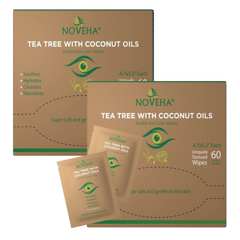 NOVEHA Tea Tree &amp; Coconut Oil Eyelid &amp; Lash Wipes | For Demodex, Blepharitis &amp; Itchy Eyes, Box Of 60 Individually Wrapped Eyelash Wipes With Aloe Vera, Natural Makeup Remover &amp; Daily Eye Cleanser