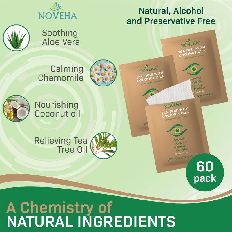 NOVEHA Tea Tree &amp; Coconut Oil Eyelid &amp; Lash Wipes | For Demodex, Blepharitis &amp; Itchy Eyes, Box Of 60 Individually Wrapped Eyelash Wipes With Aloe Vera, Natural Makeup Remover &amp; Daily Eye Cleanser