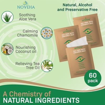 NOVEHA Tea Tree &amp; Coconut Oil Eyelid &amp; Lash Wipes | For Demodex, Blepharitis &amp; Itchy Eyes, Box Of 60 Individually Wrapped Eyelash Wipes With Aloe Vera, Natural Makeup Remover &amp; Daily Eye Cleanser