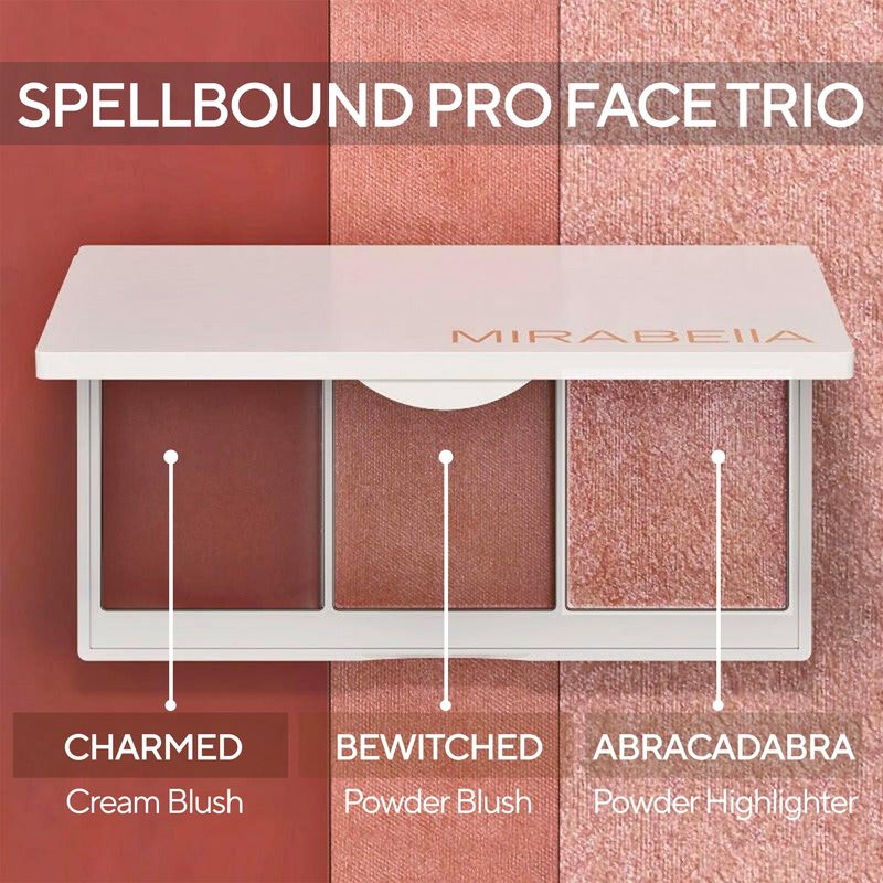 Mirabella Spellbound Pro Face Trio Powder and Cream Blush Palette with Powder Highlighter, Lightweight &amp; Buildable Color Blush for Cheeks Creates a Flawless, Radiant Look for All-Over Multi-Use