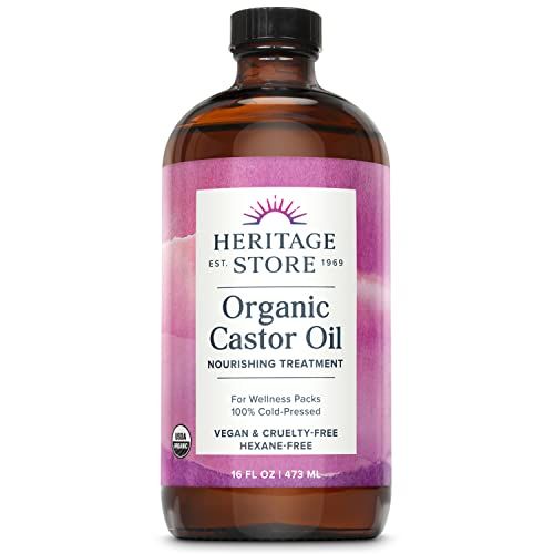 HERITAGE STORE Organic Castor Oil, Glass Bottle, Cold Pressed, Rich Hydration for Hair &amp; Skin, Bold Lashes &amp; Brows 16oz