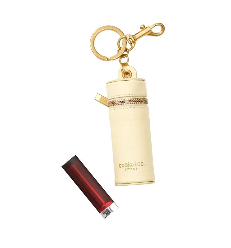 Cockatoo Nappa Leaeher Zipper Lipstick Case with Keychain Chapstick Holder Keyring (LEMON BUTTER)